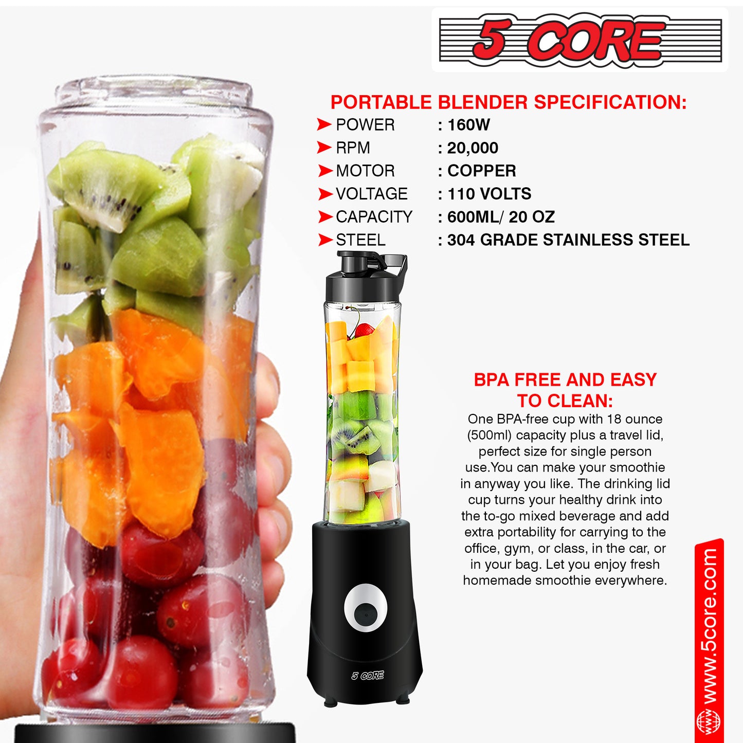 5 Core 20 oz Personal Blender Electric 160W 600ml for Shakes and Smoothies Countertop Powerful Kitchen top Food Processor with Portable Sports Bottle Single Blend Easy To Clean BPA Free - 5C 421