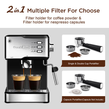 Geek Chef Espresso Machine;  Espresso and Cappuccino latte Maker 20 Bar Pump Coffee Machine Compatible with ESE POD capsules filter;  950W;  1.5L Water Tank(Banned selling Amazon)