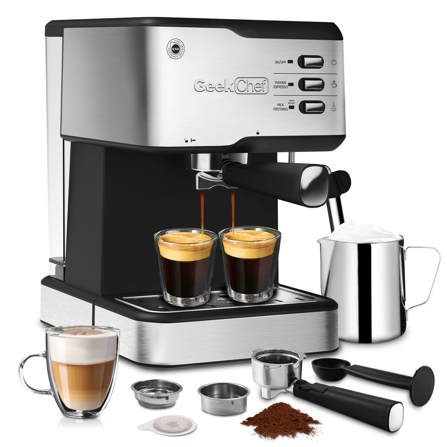 Geek Chef Espresso Machine;  Espresso and Cappuccino latte Maker 20 Bar Pump Coffee Machine Compatible with ESE POD capsules filter;  950W;  1.5L Water Tank(Banned selling Amazon)