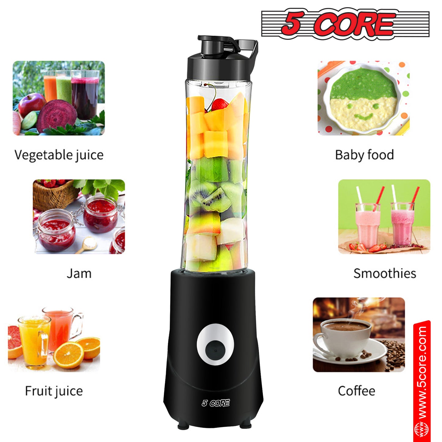 5 Core 20 oz Personal Blender Electric 160W 600ml for Shakes and Smoothies Countertop Powerful Kitchen top Food Processor with Portable Sports Bottle Single Blend Easy To Clean BPA Free - 5C 421