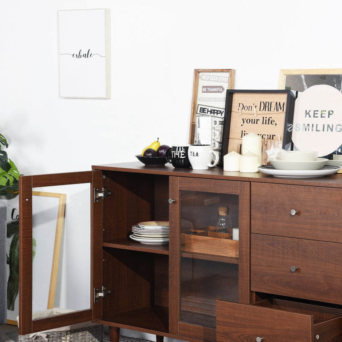 48.8" Sideboard with 2 Glass Door Cabinet 3 Drawer , brown