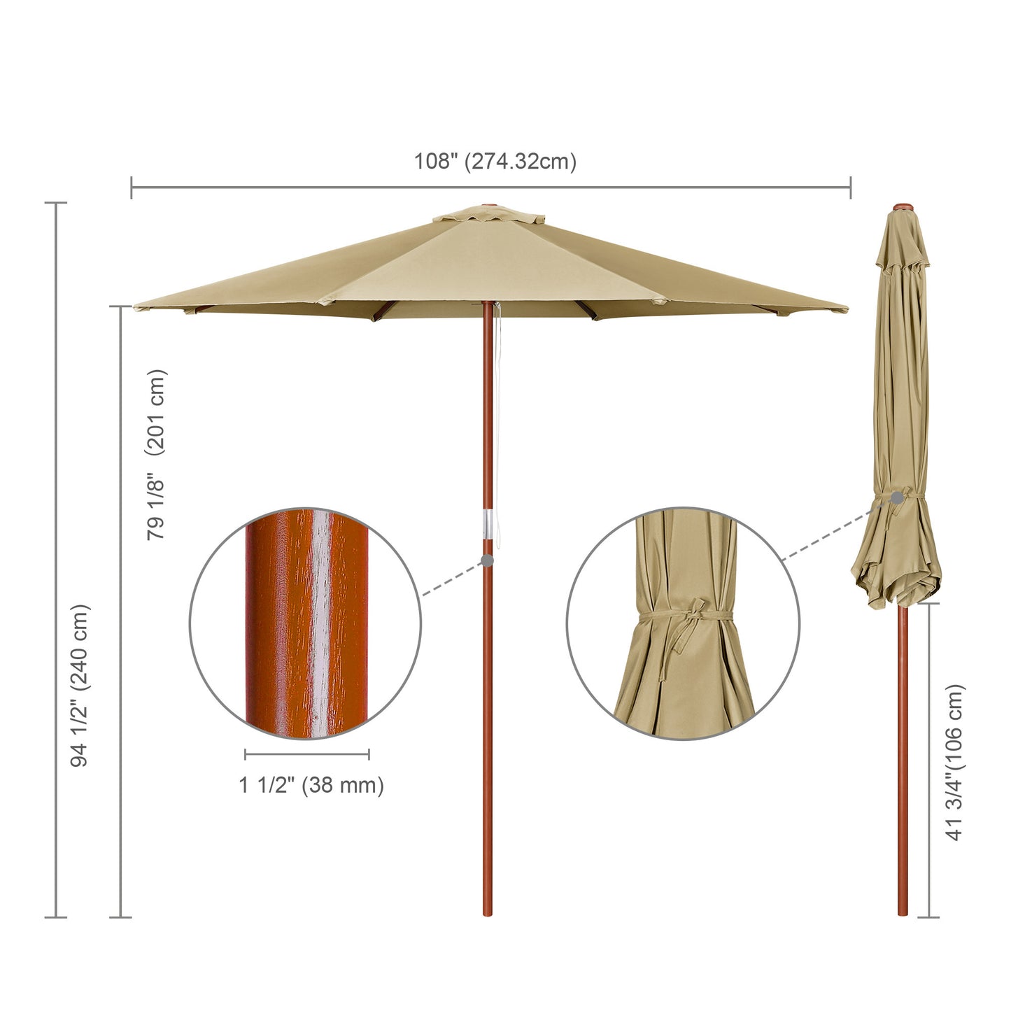 9 Ft Wooden Umbrella Tan