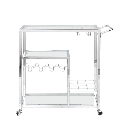 Bar Cart for Home, 3-Tier Mobile Kitchen Serving Cart with Glass Holder and Wine Rack, Rolling Wine Trolley with Tempered Glass and Chrome-Finished Metal Frame (Sliver)