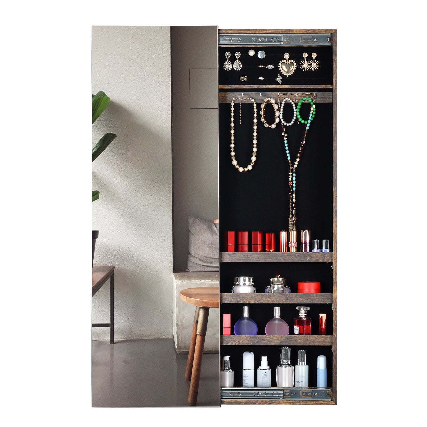 Full Mirror Jewelry Storage Cabinet With with Slide Rail Can Be Hung On The Door Or Wall