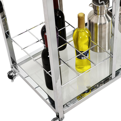 Bar Cart for Home, 3-Tier Mobile Kitchen Serving Cart with Glass Holder and Wine Rack, Rolling Wine Trolley with Tempered Glass and Chrome-Finished Metal Frame (Sliver)