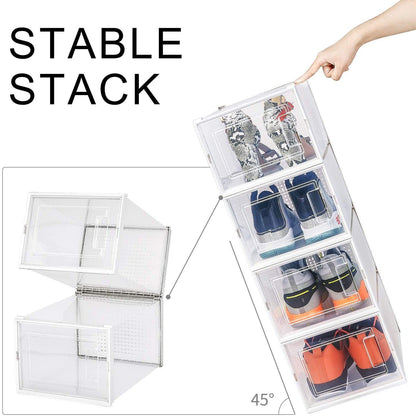 Storage Shoe Box;  Foldable Clear Sneaker Display Box;  Stackable Storage Bins Shoe Container Organizer;  6 Pack - White; X-Large