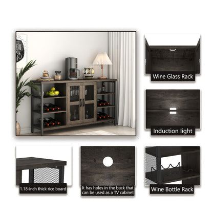 Industrial Wine Bar Cabinet; Liquor Storage Credenza; Sideboard with Wine Racks & Stemware Holder (Dark Grey; 55.12''w x 13.78''d x 30.31' ' h)