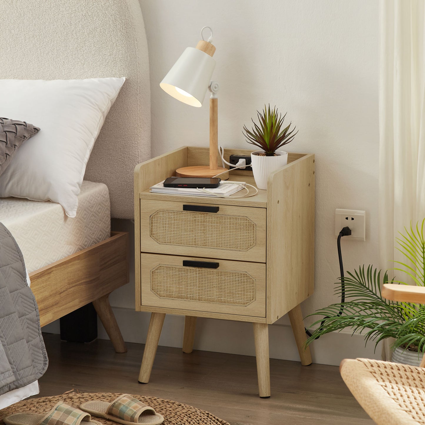 Rattan nightstand with socket side table natural handmade rattan(Natural 15.55''W*13.78''D*23.82''H)
