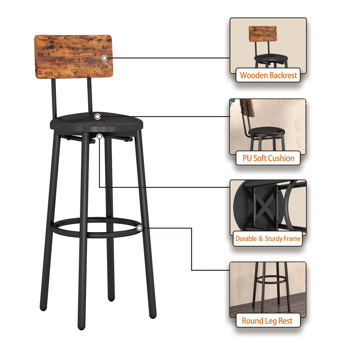 Double Layer Round Bar Table with 2 Bar Stools PU Soft Seat Back Breakfast table.(Rustic Brown; 23.62''w x 23.62''d x 35.43''h)