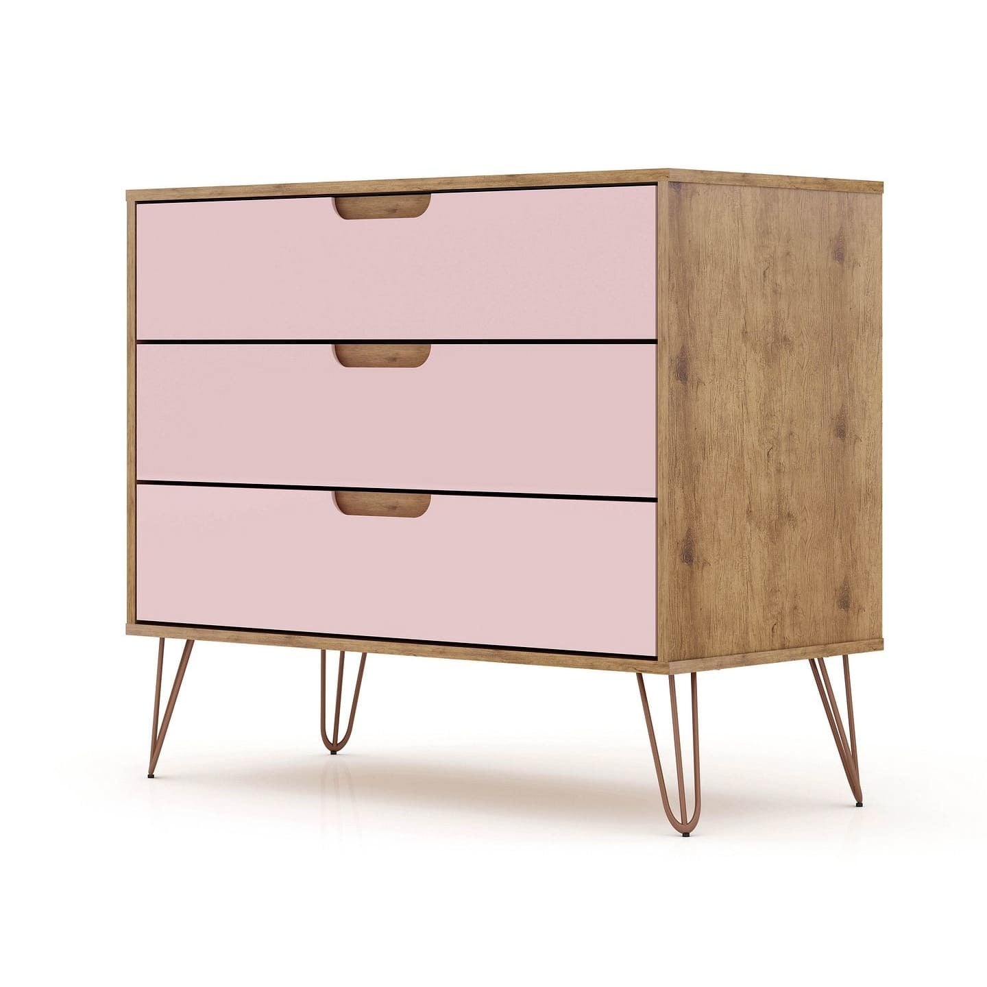 Manhattan Comfort Rockefeller Mid-Century- Modern Dresser with 3-Drawers in Nature and Rose Pink