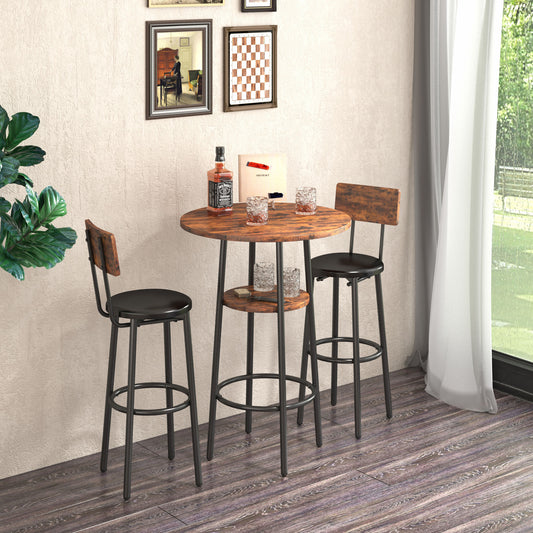 Double Layer Round Bar Table with 2 Bar Stools PU Soft Seat Back Breakfast table.(Rustic Brown; 23.62''w x 23.62''d x 35.43''h)