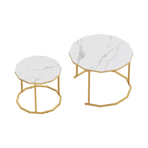 Marble Coffee Table End table 12-gon Shape; 25.6 " White Artificial Marble Top and Black Metal Legs can be used in living room; outdoor; anti-tip.(white+golden; 25.6"W x 25.6"D x 18.4"H)