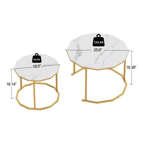 Marble Coffee Table End table 12-gon Shape; 25.6 " White Artificial Marble Top and Black Metal Legs can be used in living room; outdoor; anti-tip.(white+golden; 25.6"W x 25.6"D x 18.4"H)