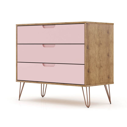 Manhattan Comfort Rockefeller Mid-Century- Modern Dresser with 3-Drawers in Nature and Rose Pink