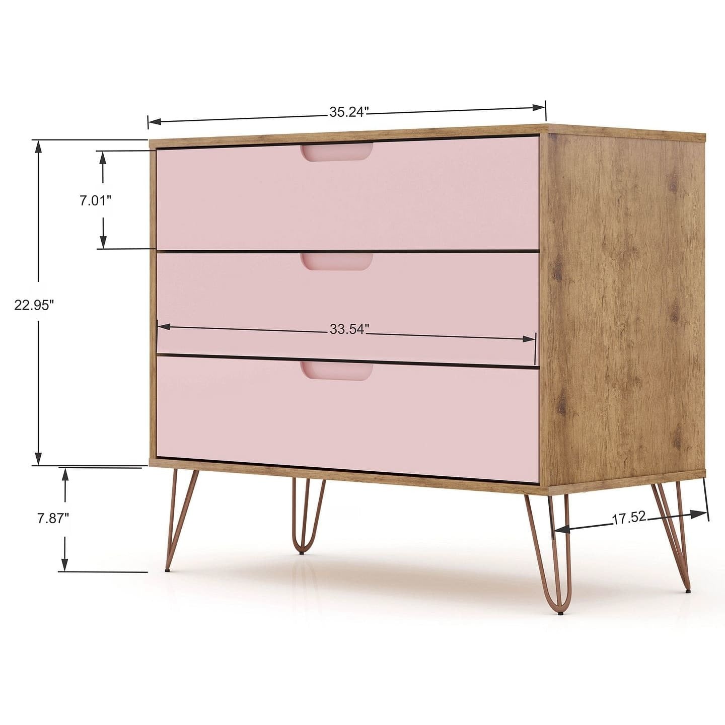 Manhattan Comfort Rockefeller Mid-Century- Modern Dresser with 3-Drawers in Nature and Rose Pink