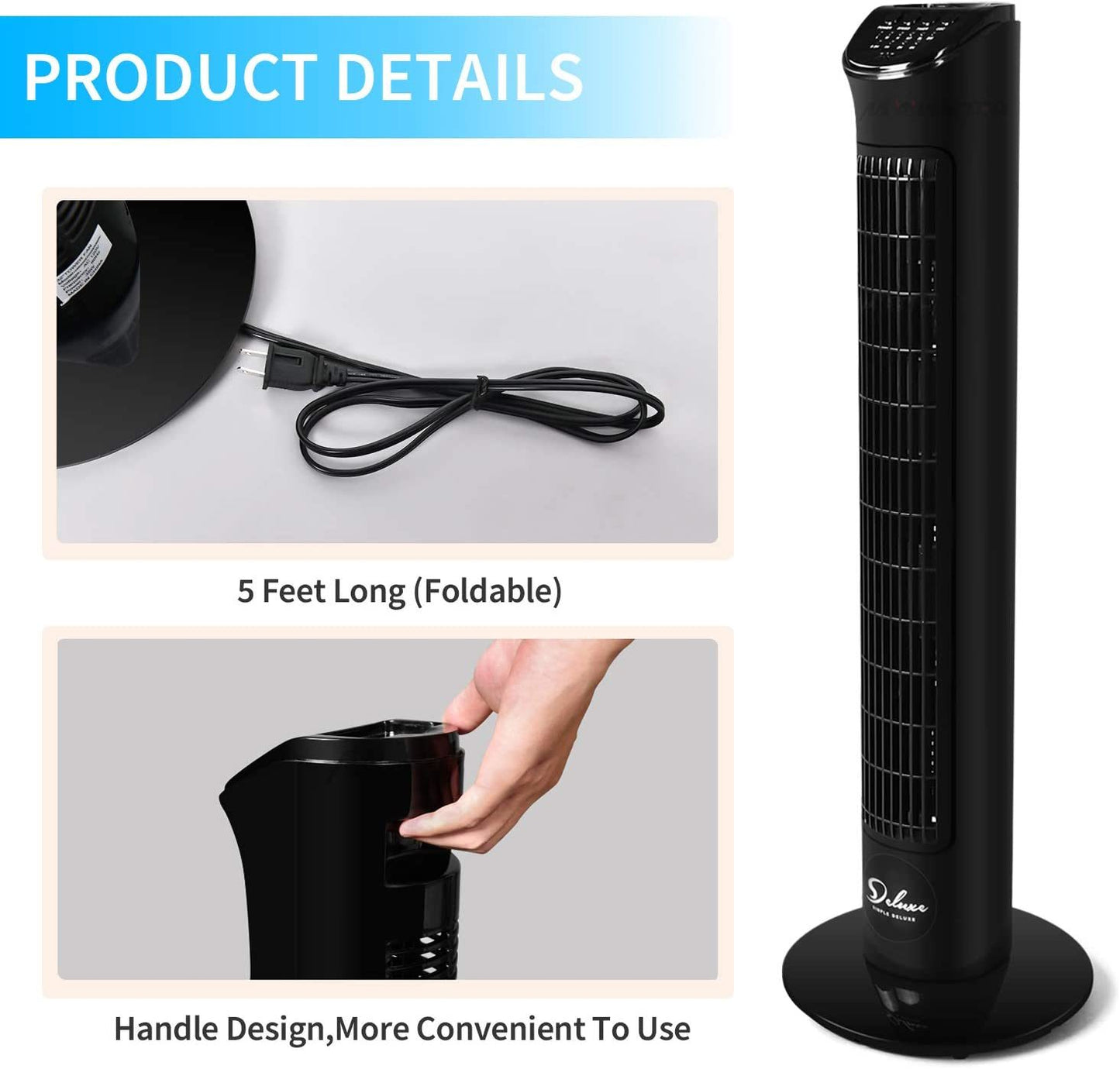 Simple Deluxe 32'' Electric Oscillating Tower Fan with Remote Control for Indoor;  Bedroom and Home Office;  Black