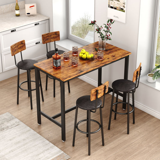 Bar Table Set with 4 Bar stools PU Soft seat with backrest (Rustic Brown; 47.24''w x 23.62''d x 35.43''h)