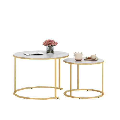 Marble Coffee Table End table 12-gon Shape; 25.6 " White Artificial Marble Top and Black Metal Legs can be used in living room; outdoor; anti-tip.(white+golden; 25.6"W x 25.6"D x 18.4"H)