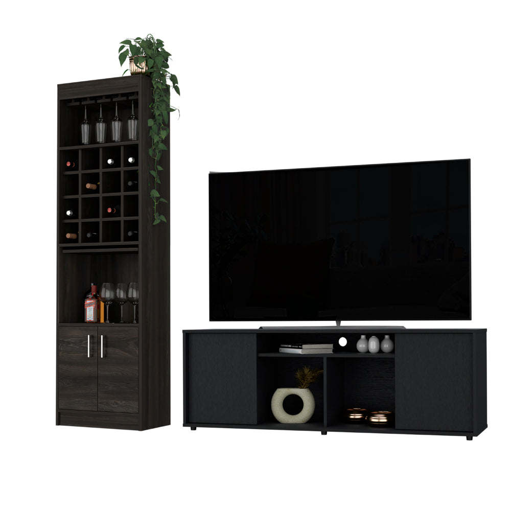 Edmonton 2 Piece Living Room Set, TV Stand + Bar Cabinet , Black / Espresso