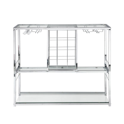 Bar Serving Cart with Glass Holder and Wine Rack, 3-Tier Kitchen Trolley with Tempered Glass Shelves and Chrome-Finished Metal Frame, Mobile Wine Cart for Home (Silver)