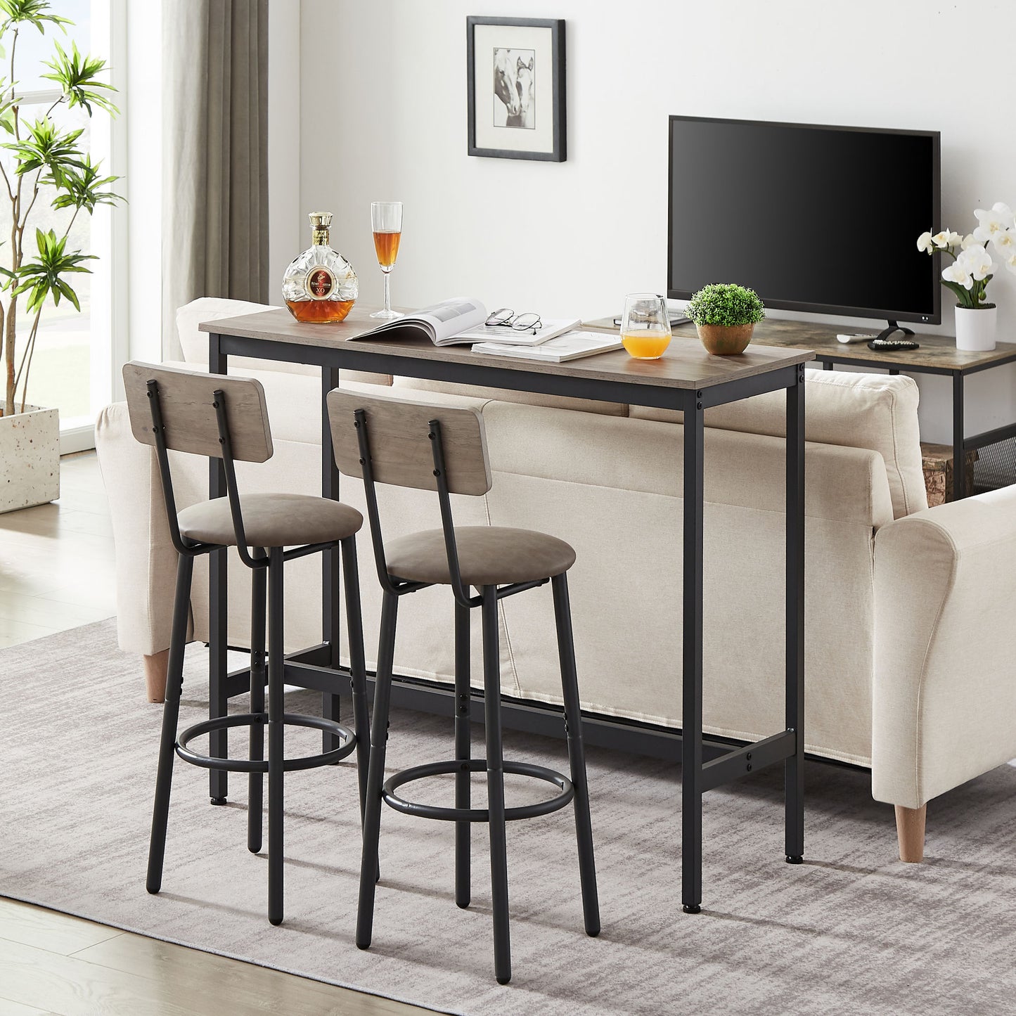 JHX Bar Table Set with 2 Bar stools PU Soft seat with backrest (Grey; 43.31''L*15.75''W*35.43'H)