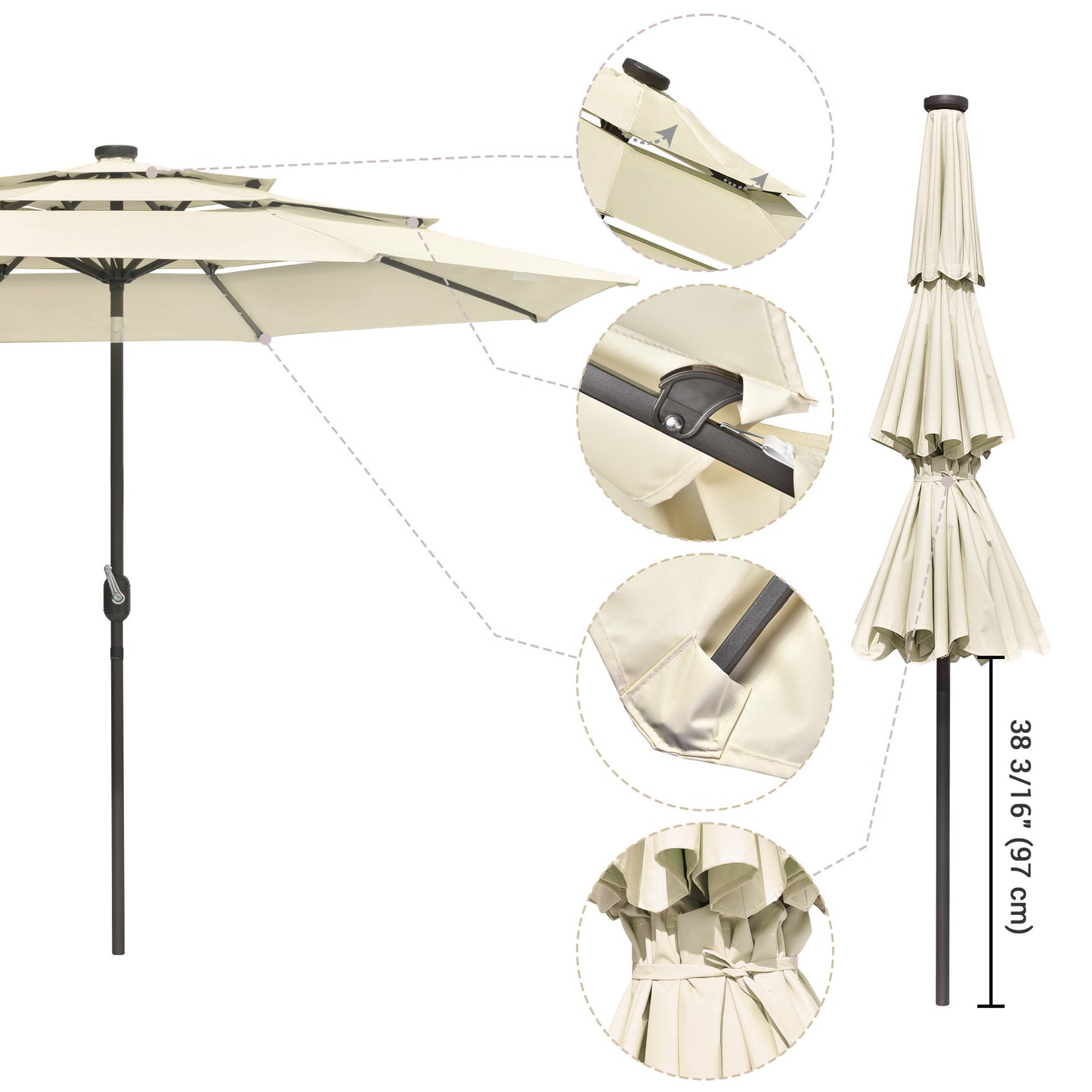 10Ft 3-Tiers 32LEDS Patio Umbrella Beige