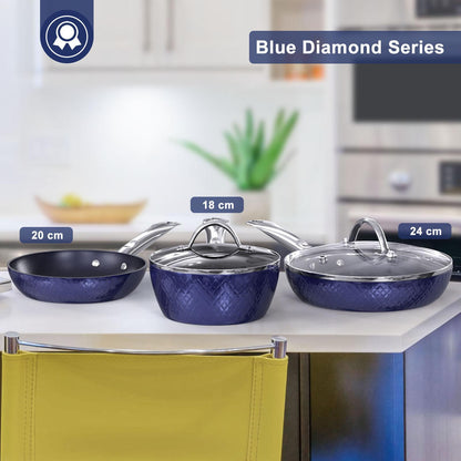 Frying Pan Sets Non Stick 3Pieces; Blue 3D Diamond Cookware; 20/24cm Frying Pan; 18cm Saucepan - Pots and Pans Set; Aluminum Ceramic Coating - Suitable for Induction Hob Oven; Amazon Banned