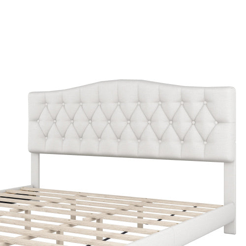 Upholstered Platform Bed with Saddle Curved Headboard and Diamond Tufted Details, King, Beige