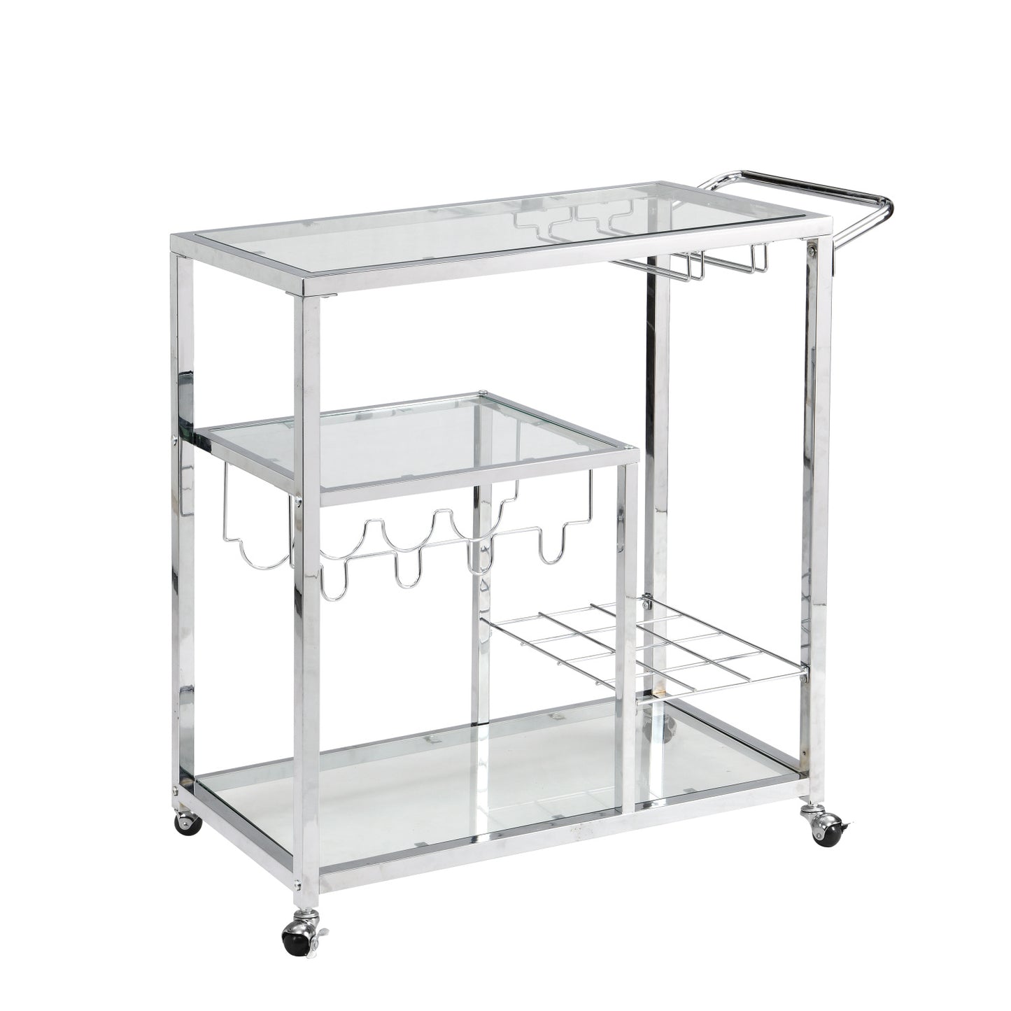 Bar Cart for Home, 3-Tier Mobile Kitchen Serving Cart with Glass Holder and Wine Rack, Rolling Wine Trolley with Tempered Glass and Chrome-Finished Metal Frame (Sliver)