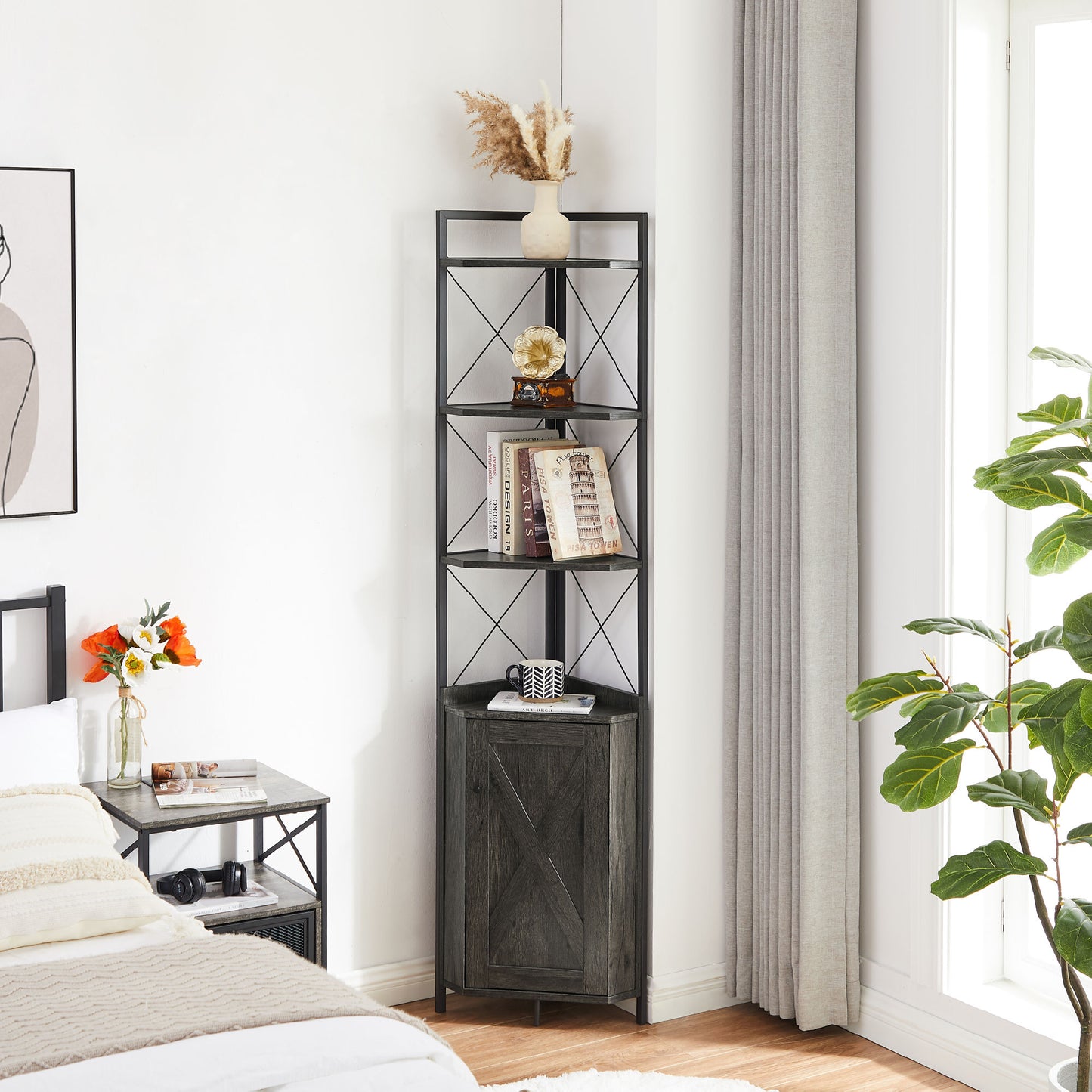 Corner Shelf 5-Tier with Storage; Corner cabinet Bookshelf Stand Storage Rack(Dark Grey)