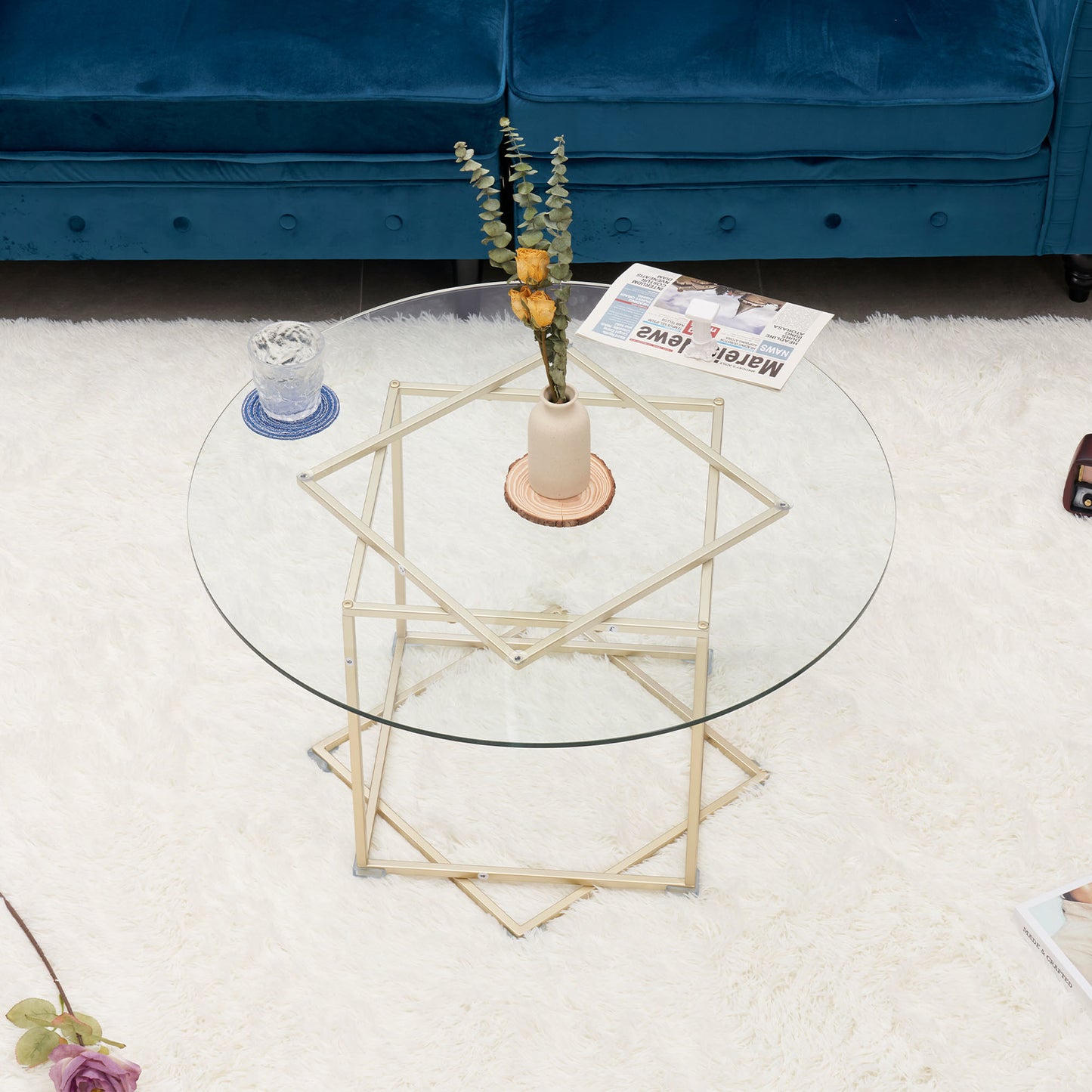 Octomom coffee table;  glass coffee table with gold frame round and glass top for home office;  metal table legs;  home decor accent cocktail table