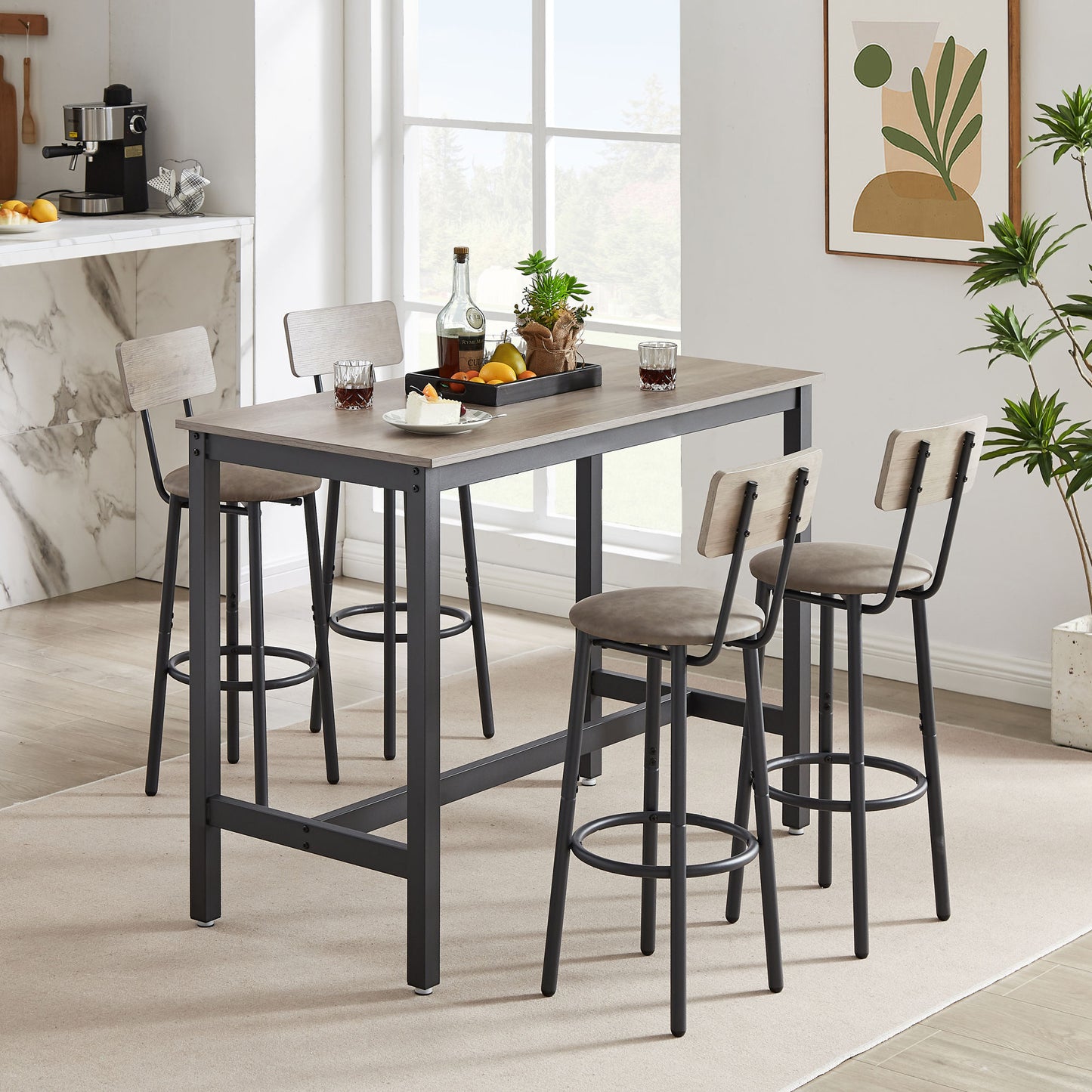 Bar Table Set with 4 Bar stools PU Soft seat with backrest (Grey; 47.24''w x 23.62''d x 35.43''h)