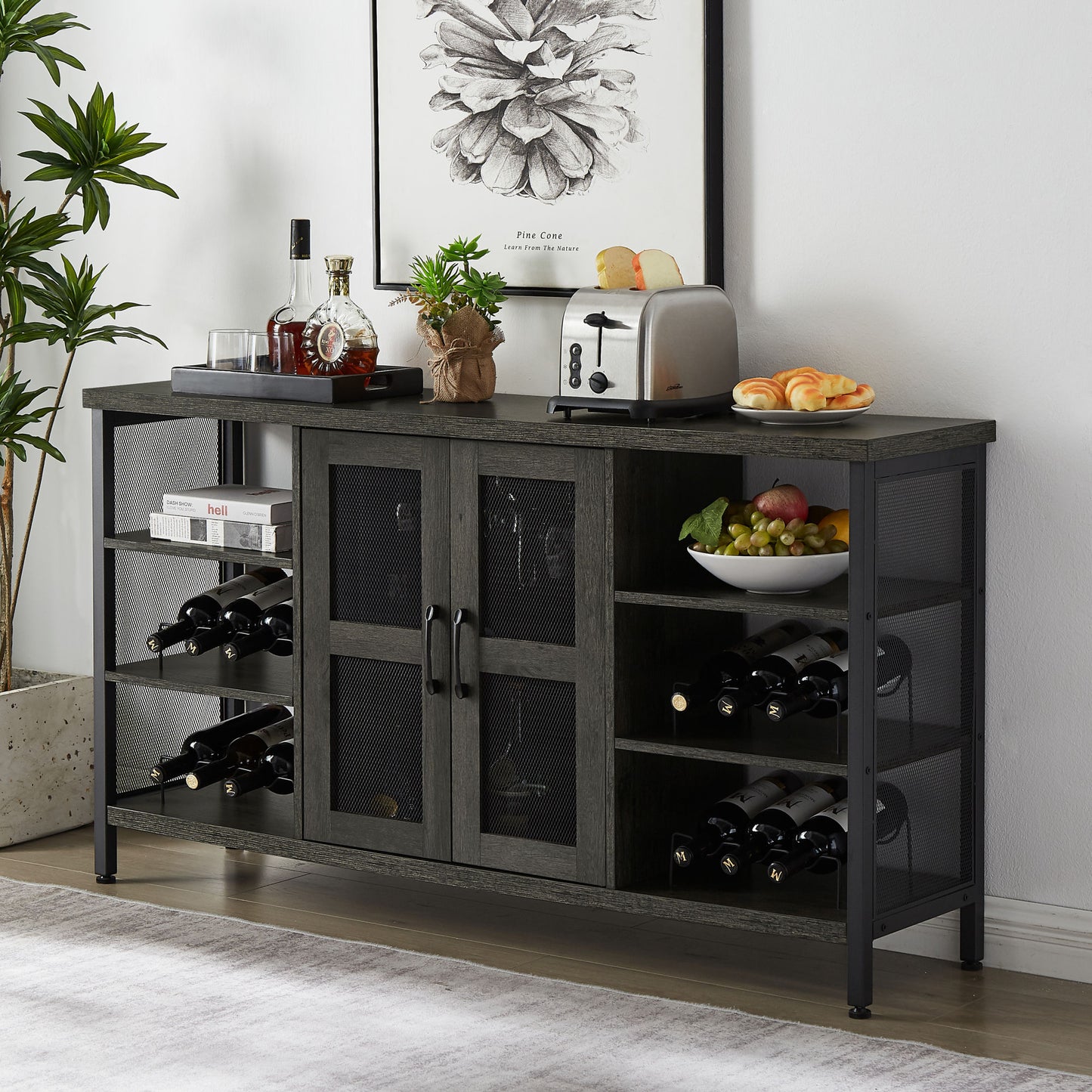 Industrial Wine Bar Cabinet; Liquor Storage Credenza; Sideboard with Wine Racks & Stemware Holder (Dark Grey; 55.12''w x 13.78''d x 30.31' ' h)