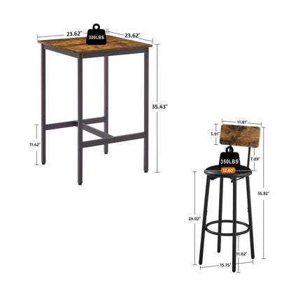 Bar Table Set with 2 Bar stools PU Soft seat with backrest (Rustic Brown; 23.62''w x 23.62''d x 35.43''h)