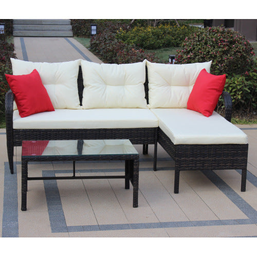 Outdoor patio Furniture sets 3 piece Conversation set wicker Ratten Sectional Sofa With Seat Cushions(Beige Cushion)