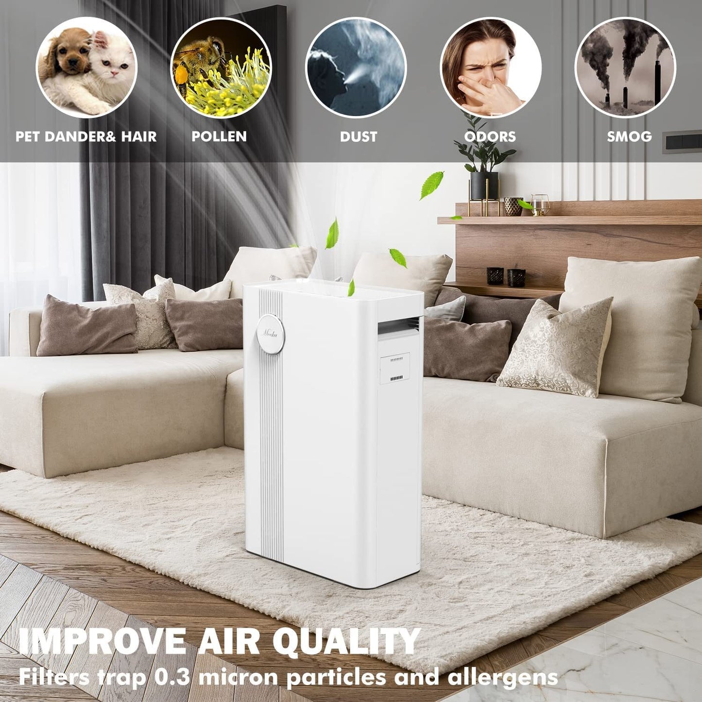 MOOKA Air Purifier for Large Rooms True HEPA Air Filter, Activated Carbon, 23dB High CADR Air Cleaner for 1076 Sq. Ft., Allergies, Pollen, Smoke, Dust, Pet Dander Fast Purification, Sleep Mode