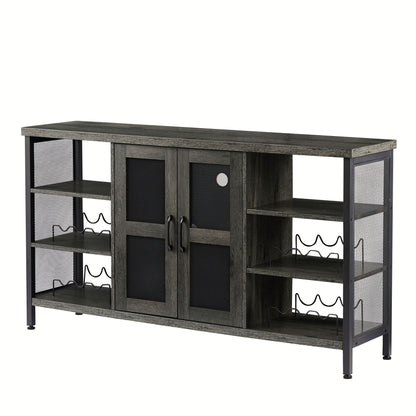 Industrial Wine Bar Cabinet; Liquor Storage Credenza; Sideboard with Wine Racks & Stemware Holder (Dark Grey; 55.12''w x 13.78''d x 30.31' ' h)