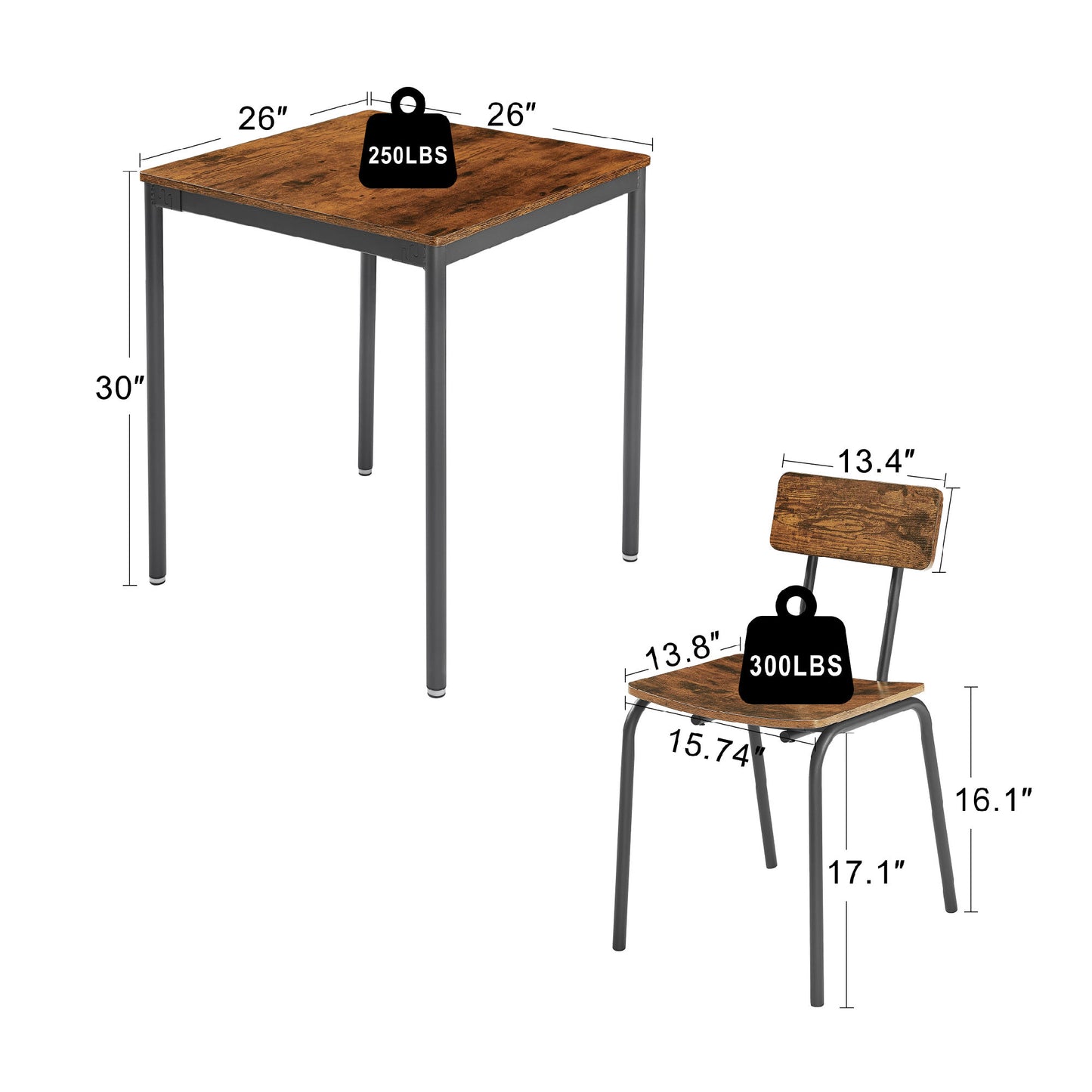 Dining table and chair set; breakfast table with 2 chairs; curved cushion and backrest; fit the human body; more comfortable(Rustic Brown; 26''w x 26''d x 30''h)