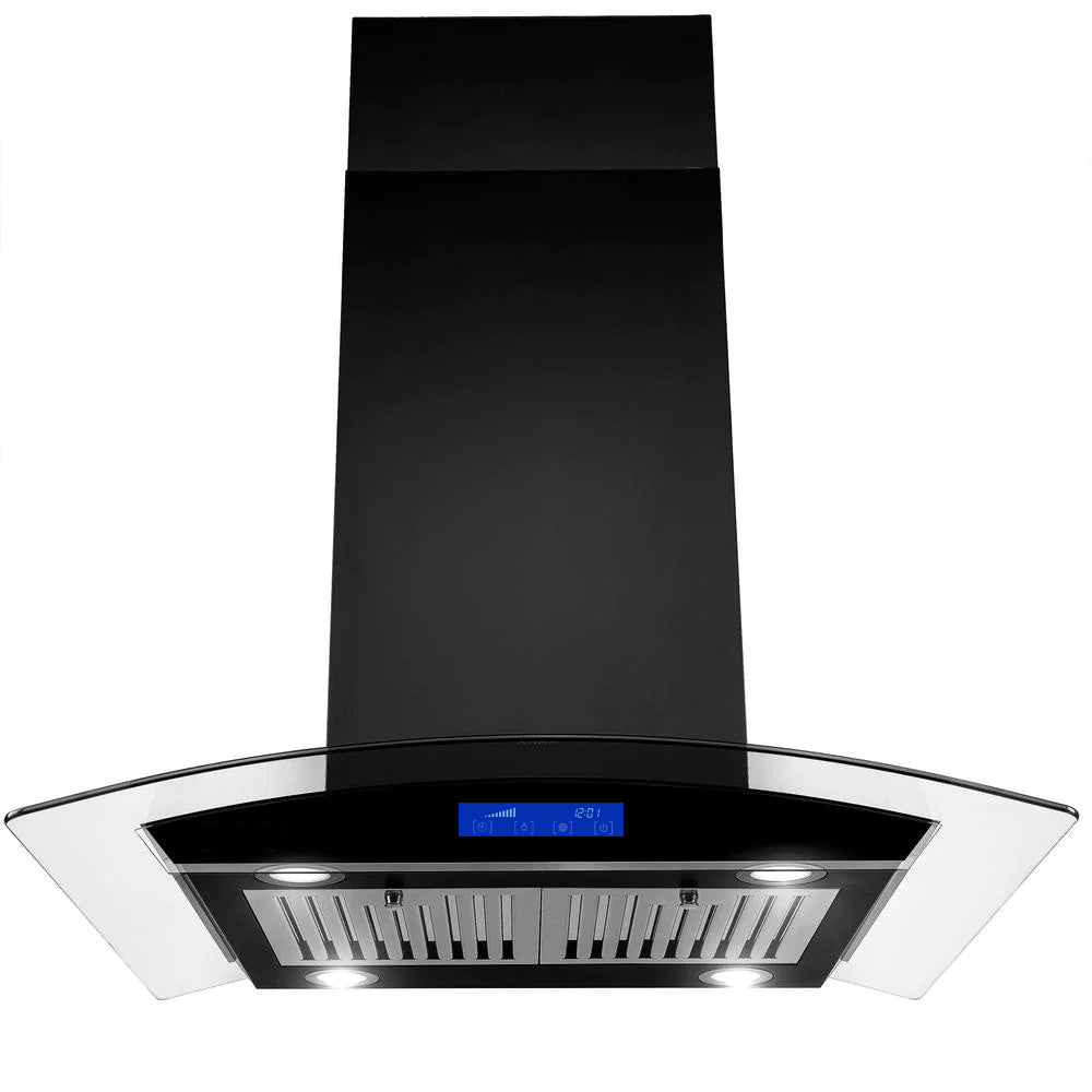 30 inch Stainless Steel Kitchen Island Range Hood 900CFM Tempered Glass 3 Speed Black LEDs