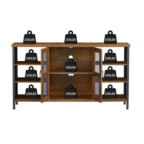 Industrial Wine Bar Cabinet; Liquor Storage Credenza; Sideboard with Wine Racks & Stemware Holder (Hazelnut Brown; 55.12''w x 13.78''d x 30.31' ' h)