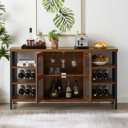 Industrial Wine Bar Cabinet; Liquor Storage Credenza; Sideboard with Wine Racks & Stemware Holder (Hazelnut Brown; 55.12''w x 13.78''d x 30.31' ' h)