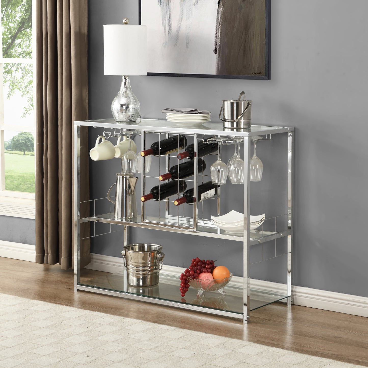 Bar Serving Cart with Glass Holder and Wine Rack, 3-Tier Kitchen Trolley with Tempered Glass Shelves and Chrome-Finished Metal Frame, Mobile Wine Cart for Home (Silver)