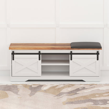 WESOME 47 Inch Modern Farmhouse Sliding X Barn Door Litterbox Bench with Entry Cutout;  Shoe Bench Multi-color Option