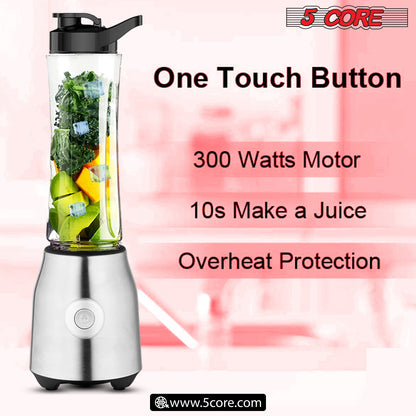 5 Core 600ml Personal Blender for Shakes and Smoothies; Powerful & Professional Smoothie Maker with Portable Bottle 300W Electric Motor BPA Free Food Processor 20 Oz 4 Stainless Steel Blade 5C 521