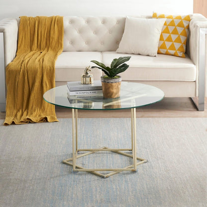 Octomom coffee table;  glass coffee table with gold frame round and glass top for home office;  metal table legs;  home decor accent cocktail table