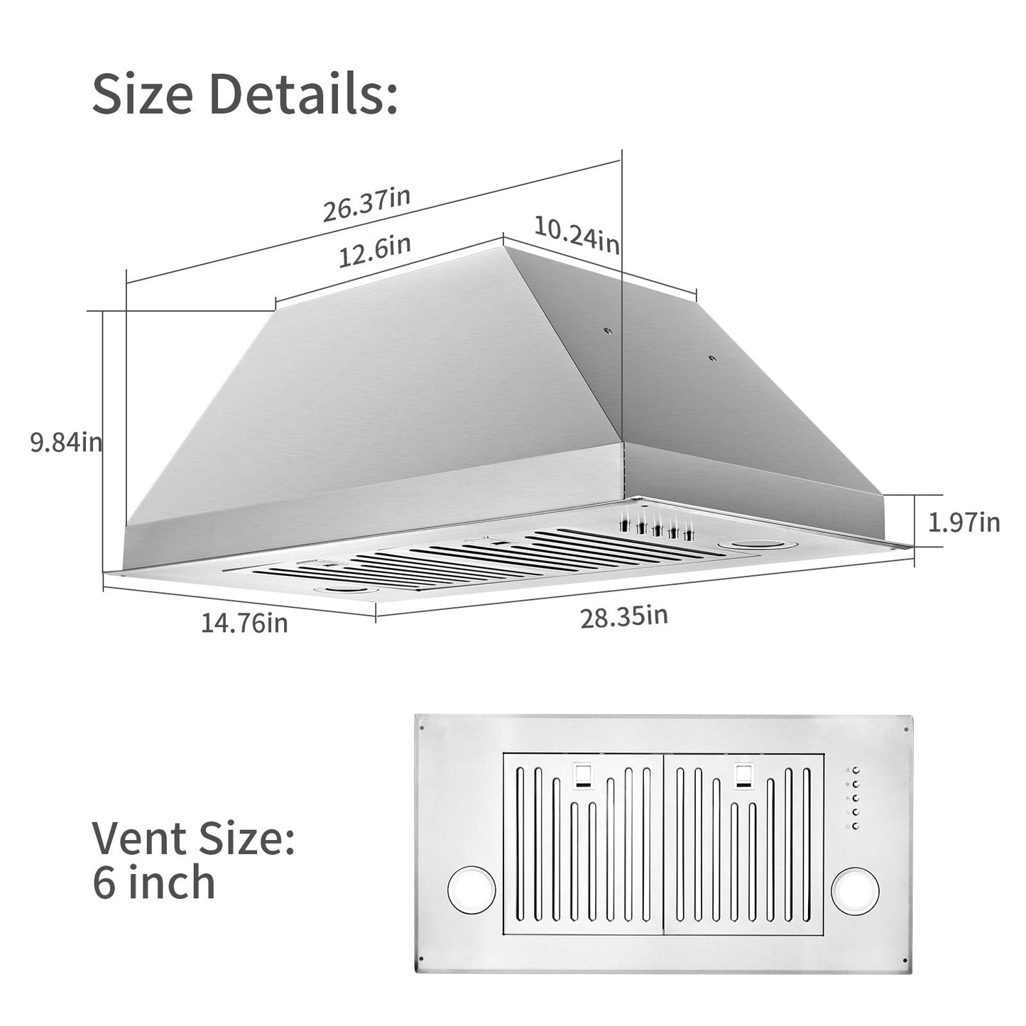 30 inch Insert Range Hood 600 CFM;  Built-in Stainless Steel Range Hoods with Right Button Controls and Back LED Lights; Kitchen Hood for Over Stove; Ducted/Ductless Convertible Vent Hood