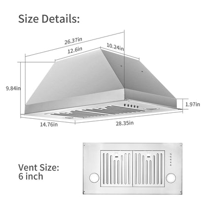 30 inch Insert Range Hood 600 CFM;  Built-in Stainless Steel Range Hoods with Right Button Controls and Back LED Lights; Kitchen Hood for Over Stove; Ducted/Ductless Convertible Vent Hood