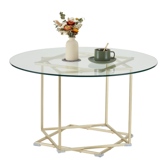 Octomom coffee table;  glass coffee table with gold frame round and glass top for home office;  metal table legs;  home decor accent cocktail table