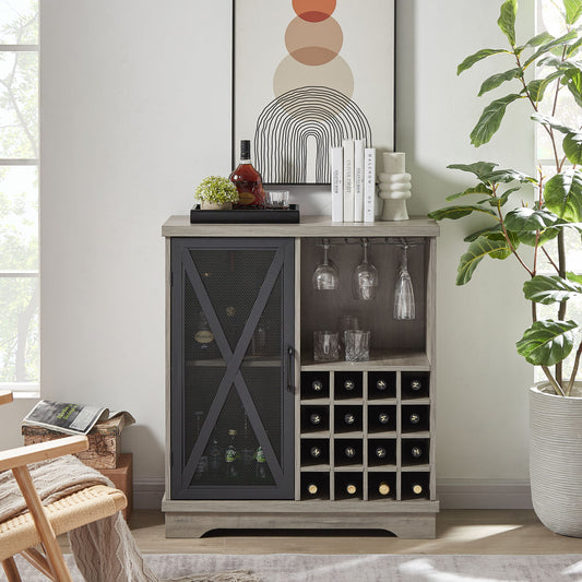 Single door wine cabinet with 16 wine storage compartments (Gray; 31.50" W*13.78" D*35.43" H)