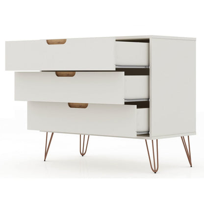 Manhattan Comfort Rockefeller Mid-Century- Modern Dresser with 3-Drawers in Off White and Nature